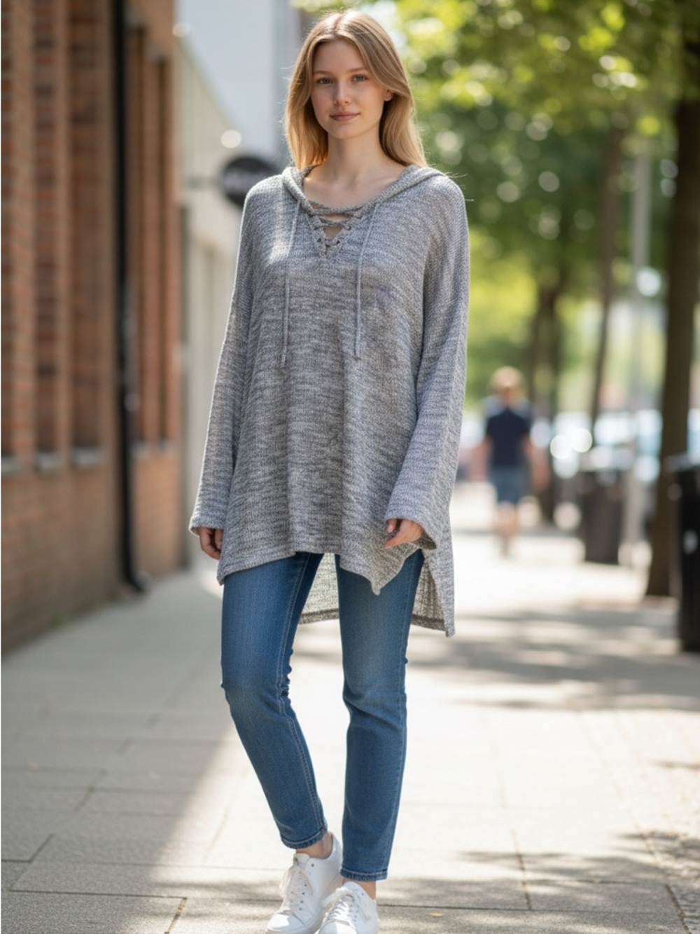 Relaxed Lace-Up Hoodie Sweater - Gray - Picture 4 of 9